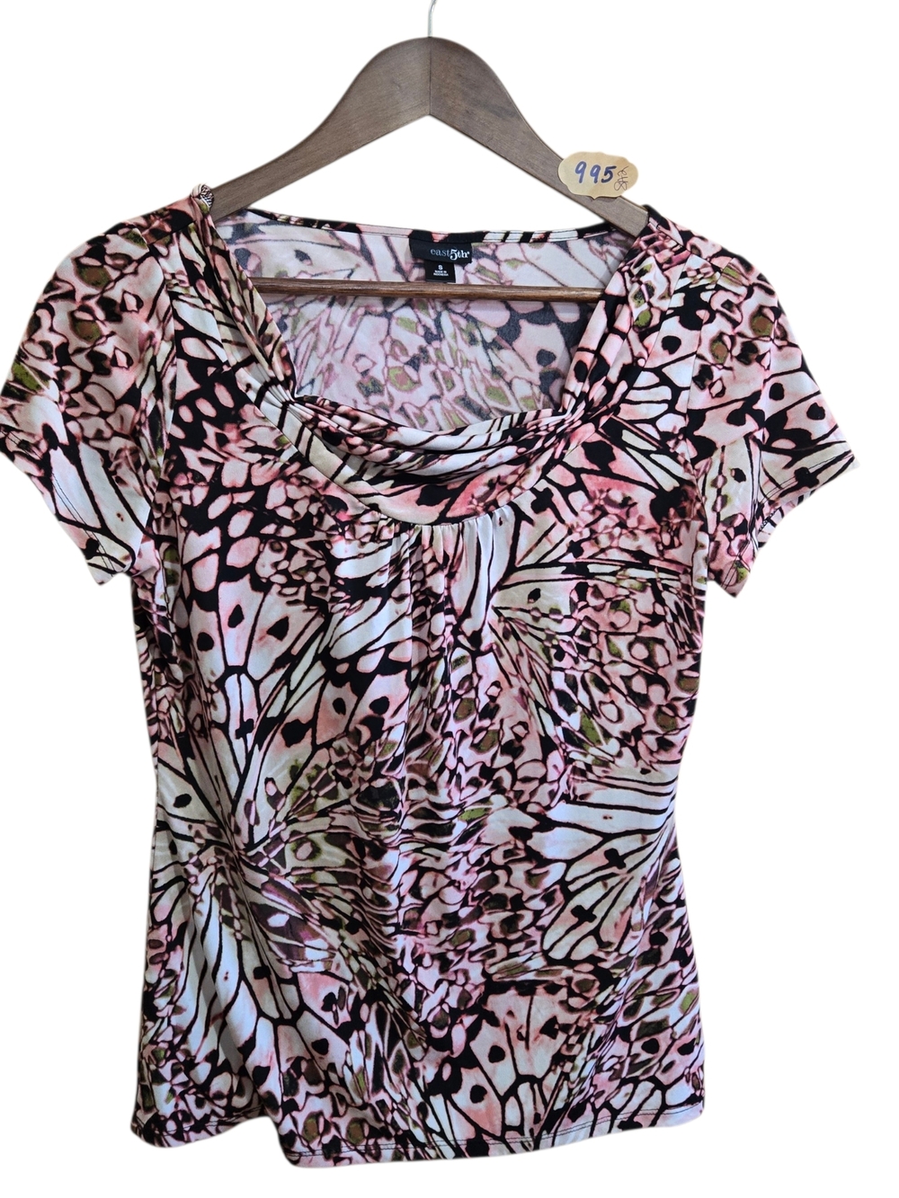 East 5th Pink and Black Printed Cowl-Neck Short Sleeve Top